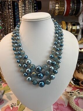 Vintage Japan Splatter beads Multi-Strand Blue Pearl Statement Necklace